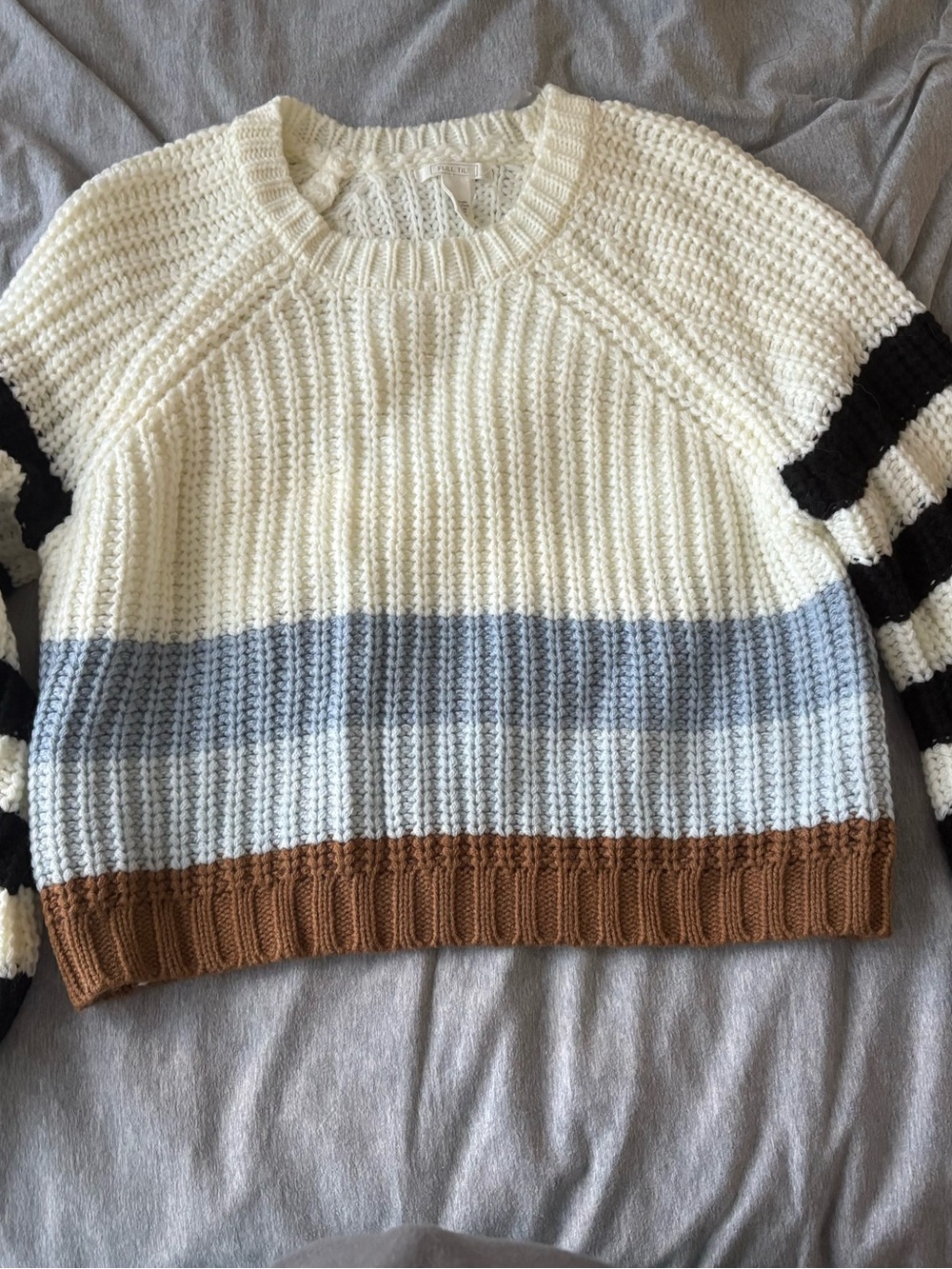 Striped Crewneck Cropped Knit Sweater - Ivory, Light Blue Black & Brown